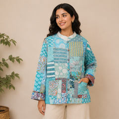 Cotton Kantha Quilt Aqua Jacket for Women – Patchwork & Handmade Coat - kraafty-com