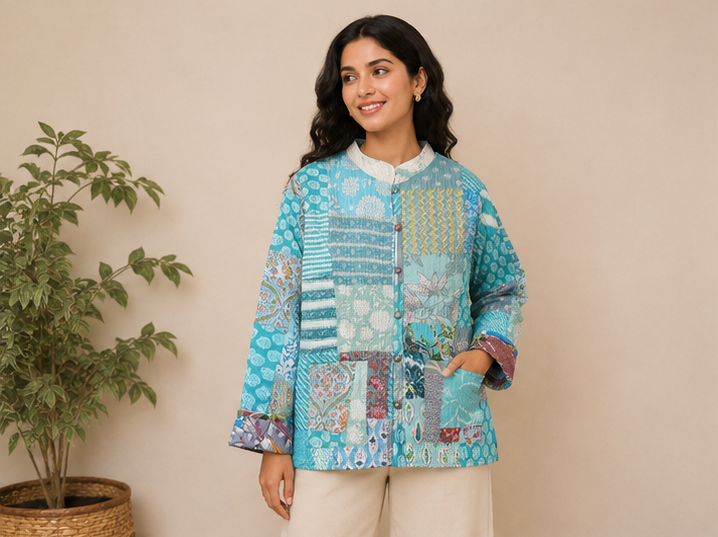 Cotton Kantha Quilt Aqua Jacket for Women – Patchwork & Handmade Coat - kraafty-com