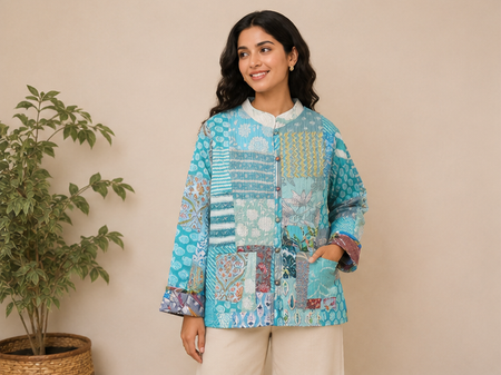Cotton Kantha Quilt Aqua Jacket for Women – Patchwork & Handmade Coat - kraafty-com