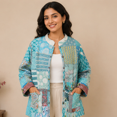 Cotton Kantha Quilt Aqua Jacket for Women – Patchwork & Handmade Coat - kraafty-com