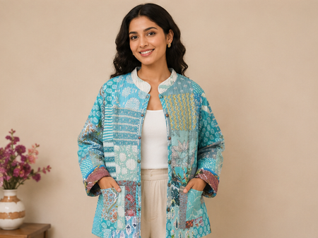 Cotton Kantha Quilt Aqua Jacket for Women – Patchwork & Handmade Coat - kraafty-com
