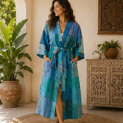 Vintage Kantha Kimono Turquoise Robe — Handmade Cotton Dressing Gown