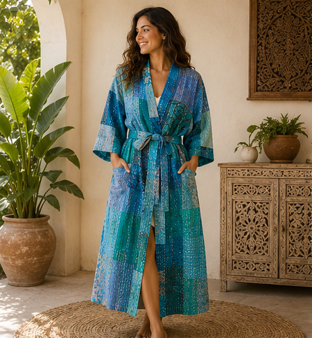 Vintage Kantha Kimono Turquoise Robe — Handmade Cotton Dressing Gown