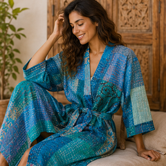 Vintage Kantha Kimono Turquoise Robe — Handmade Cotton Dressing Gown