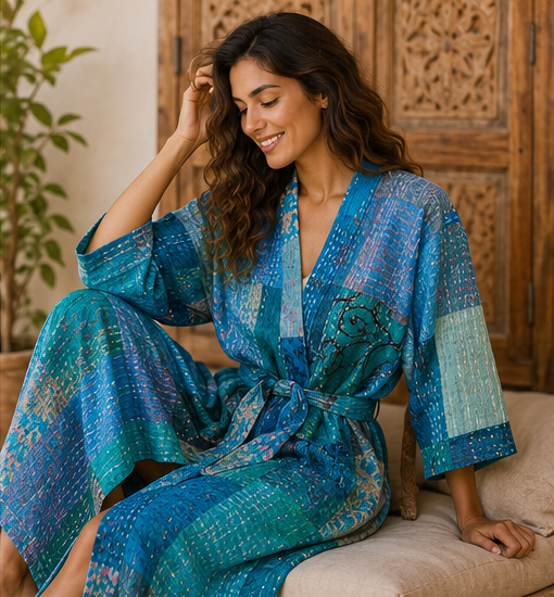 Vintage Kantha Kimono Turquoise Robe — Handmade Cotton Dressing Gown
