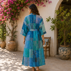 Vintage Kantha Kimono Turquoise Robe — Handmade Cotton Dressing Gown
