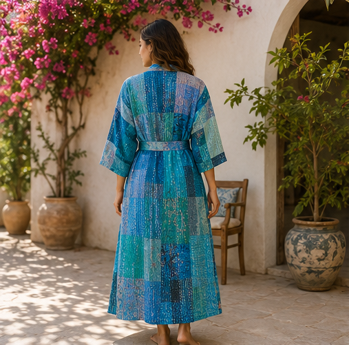 Vintage Kantha Kimono Turquoise Robe — Handmade Cotton Dressing Gown