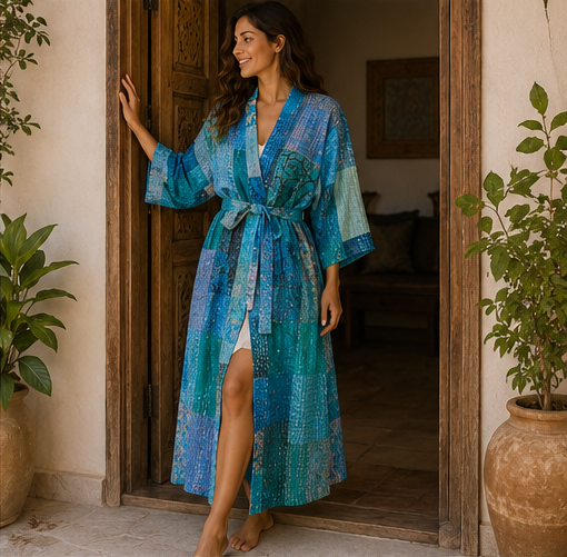 Vintage Kantha Kimono Turquoise Robe — Handmade Cotton Dressing Gown