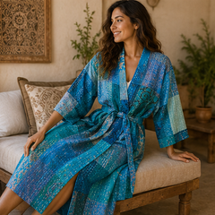 Vintage Kantha Kimono Turquoise Robe — Handmade Cotton Dressing Gown
