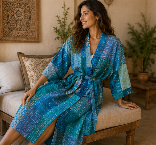 Vintage Kantha Kimono Turquoise Robe — Handmade Cotton Dressing Gown