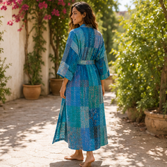 Vintage Kantha Kimono Turquoise Robe — Handmade Cotton Dressing Gown