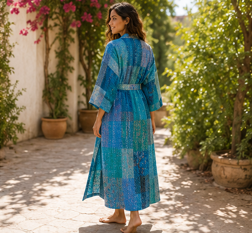 Vintage Kantha Kimono Turquoise Robe — Handmade Cotton Dressing Gown
