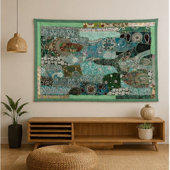 Large Cotton Wall GreenTapestry — Khambhadiya Boho Bedroom Decor