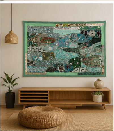 Large Cotton Wall GreenTapestry — Khambhadiya Boho Bedroom Decor
