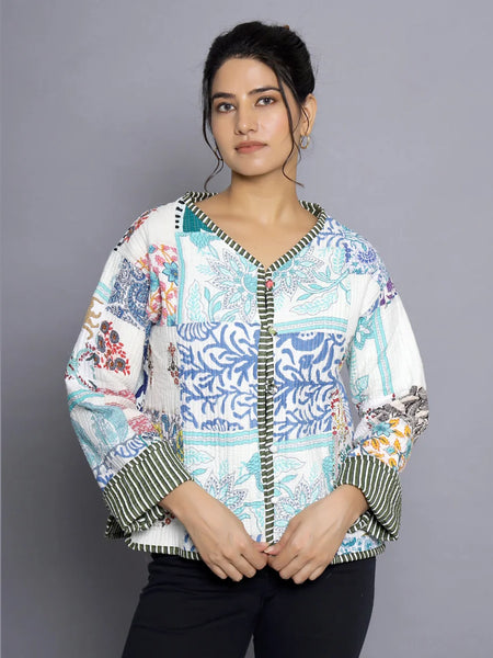 Stylish White Quilted Cotton Jacket Casual Patchwork Design, Lightweight and Comfortable Outerwear Coat for Everyday Wear