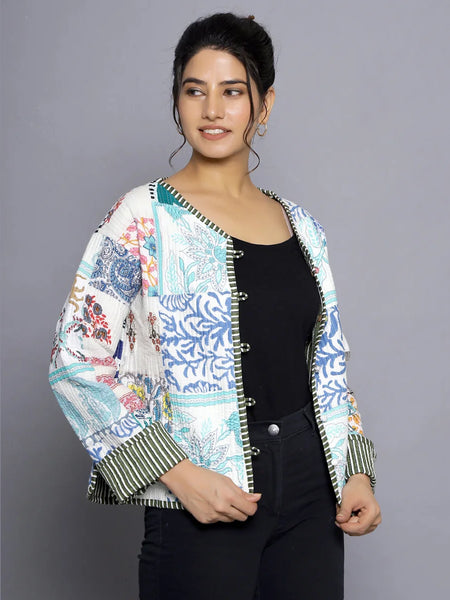 Stylish White Quilted Cotton Jacket Casual Patchwork Design, Lightweight and Comfortable Outerwear Coat for Everyday Wear