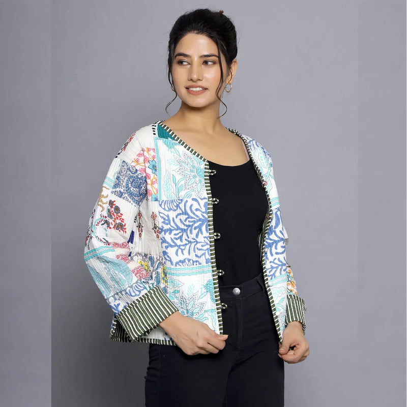 Stylish White Quilted Cotton Jacket Casual Patchwork Design, Lightweight and Comfortable Outerwear Coat for Everyday Wear