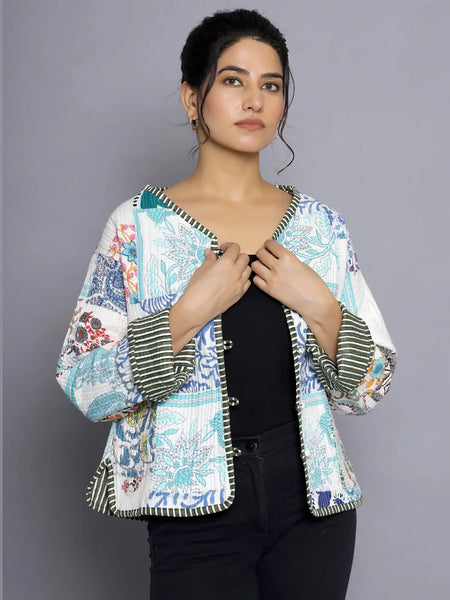 Stylish White Quilted Cotton Jacket Casual Patchwork Design, Lightweight and Comfortable Outerwear Coat for Everyday Wear