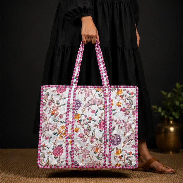 Handmade Reversible White Cotton Floral Tote Bag | Quilted Design - kraafty-com