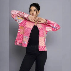 Handmade Reversible Patchwork Jacket Soft Pink Quilted Design with Unique print