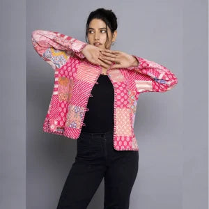 Handmade Reversible Patchwork Jacket Soft Pink Quilted Design with Unique print