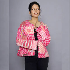Handmade Reversible Patchwork Jacket Soft Pink Quilted Design with Unique print