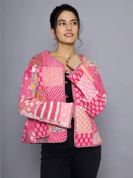 Handmade Reversible Patchwork Jacket Soft Pink Quilted Design with Unique print