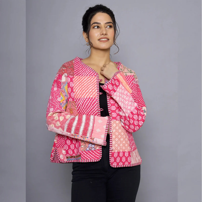 Handmade Reversible Patchwork Jacket Soft Pink Quilted Design with Unique print