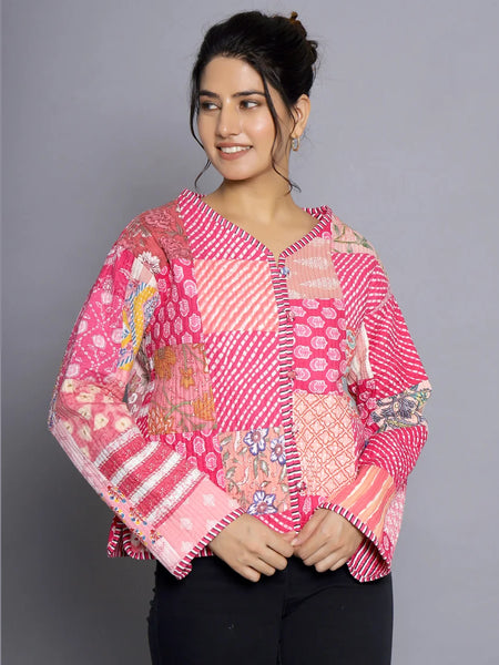 Handmade Reversible Patchwork Jacket Soft Pink Quilted Design with Unique print