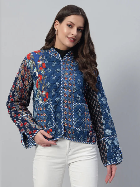 Stylish Blue Casual Quilted Jacket Cozy Patchwork Cotton Coat for Everyday Wear