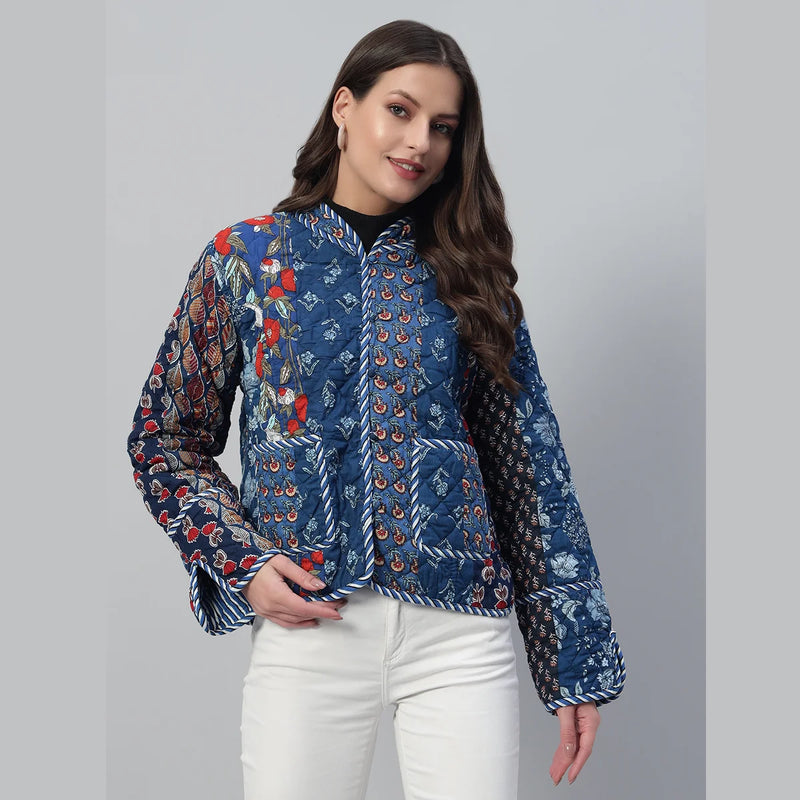 Stylish Blue Casual Quilted Jacket Cozy Patchwork Cotton Coat for Everyday Wear