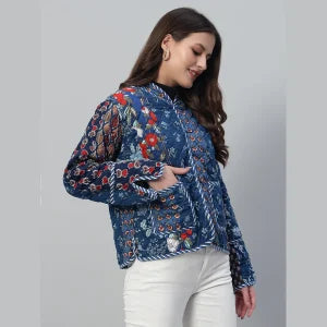 Stylish Blue Casual Quilted Jacket Cozy Patchwork Cotton Coat for Everyday Wear