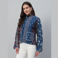 Stylish Blue Casual Quilted Jacket Cozy Patchwork Cotton Coat for Everyday Wear
