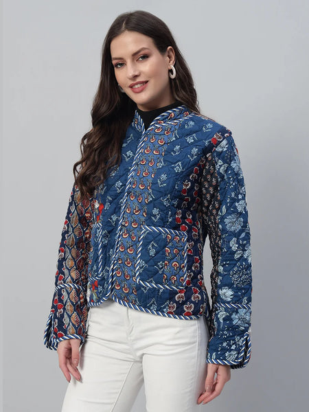 Stylish Blue Casual Quilted Jacket Cozy Patchwork Cotton Coat for Everyday Wear