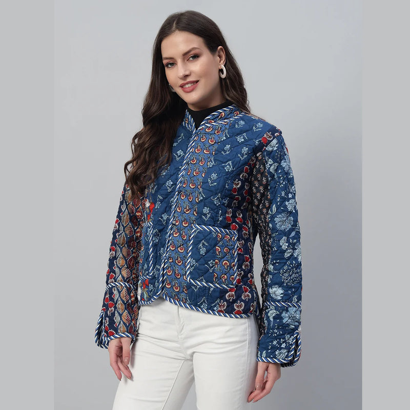 Stylish Blue Casual Quilted Jacket Cozy Patchwork Cotton Coat for Everyday Wear