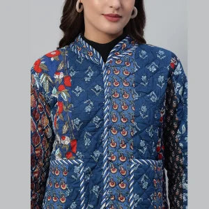 Stylish Blue Casual Quilted Jacket Cozy Patchwork Cotton Coat for Everyday Wear