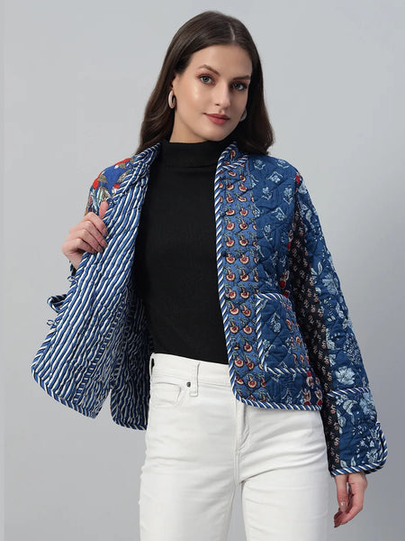 Stylish Blue Casual Quilted Jacket Cozy Patchwork Cotton Coat for Everyday Wear