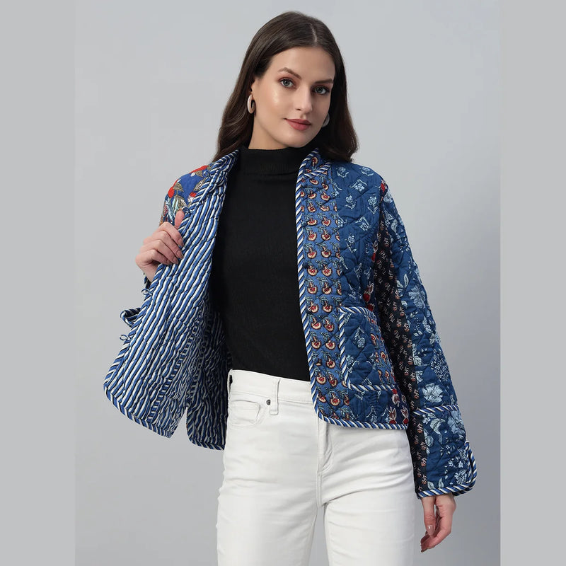 Stylish Blue Casual Quilted Jacket Cozy Patchwork Cotton Coat for Everyday Wear