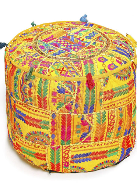Handmade Bohemian Patchwork Cotton Ottoman Pouf Cover - Multicolor Traditional Khambariya Embroidered Indian Floor Pillow, Vintage Footstool, Hippie Gypsy Home Decor - 2