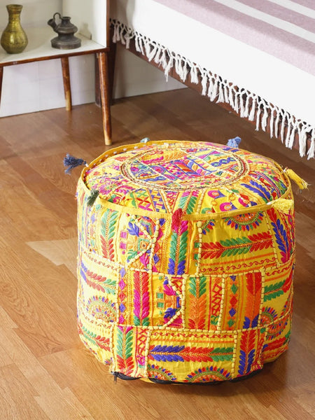 Handmade Bohemian Patchwork Cotton Ottoman Pouf Cover - Multicolor Traditional Khambariya Embroidered Indian Floor Pillow, Vintage Footstool, Hippie Gypsy Home Decor - 2