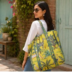 Hand-Printed Cotton Beach Tote | Reversible Quilted Yellow Bag for Women