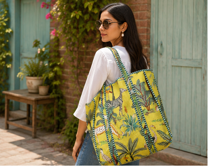 Hand-Printed Cotton Beach Tote | Reversible Quilted Yellow Bag for Women