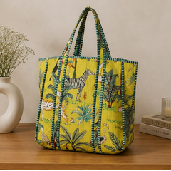 Hand-Printed Cotton Beach Tote | Reversible Quilted Yellow Bag for Women