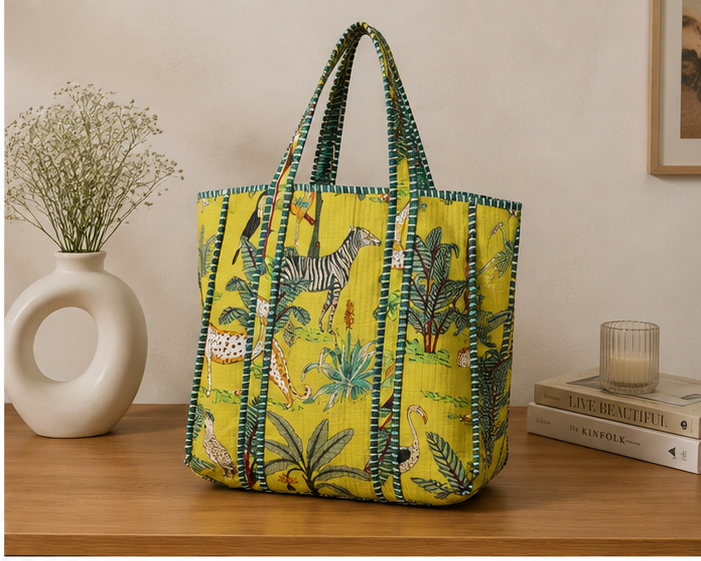 Hand-Printed Cotton Beach Tote | Reversible Quilted Yellow Bag for Women