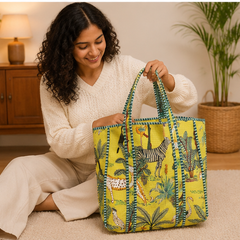Hand-Printed Cotton Beach Tote | Reversible Quilted Yellow Bag for Women
