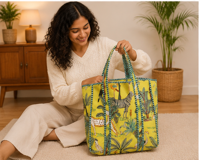 Hand-Printed Cotton Beach Tote | Reversible Quilted Yellow Bag for Women