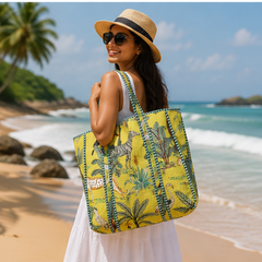 Hand-Printed Cotton Beach Tote | Reversible Quilted Yellow Bag for Women