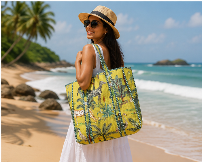 Hand-Printed Cotton Beach Tote | Reversible Quilted Yellow Bag for Women
