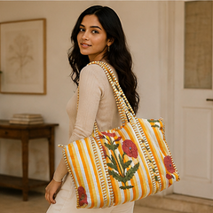 Printed Quilted Cotton Yellow Tote Bag for Women | Reversible Beach Tote | 18x18 Ethnic Canvas Bag - kraafty-com