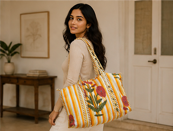 Printed Quilted Cotton Yellow Tote Bag for Women | Reversible Beach Tote | 18x18 Ethnic Canvas Bag - kraafty-com